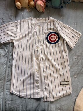 MLB Chicago Cubs White Pinstripe Jersey with Blue and Red Logo